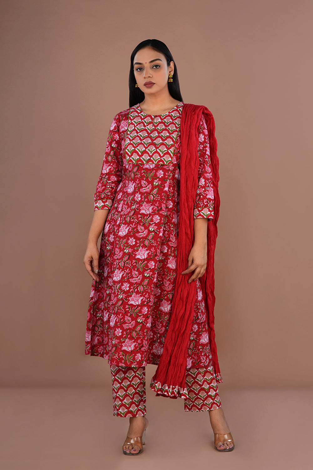 Image of Floral block printed cotton kurta , pants and dupatta set